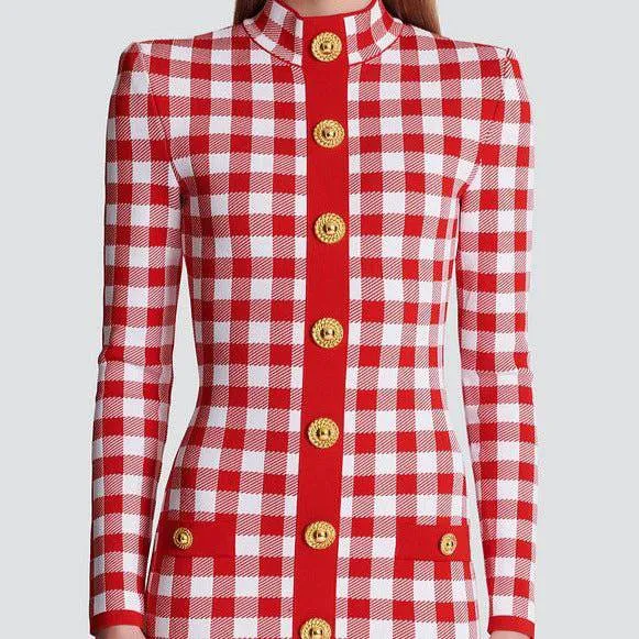 Abby Long Sleeve Gingham Mini Dress with Button Embellishments – Trendy & Chic Style