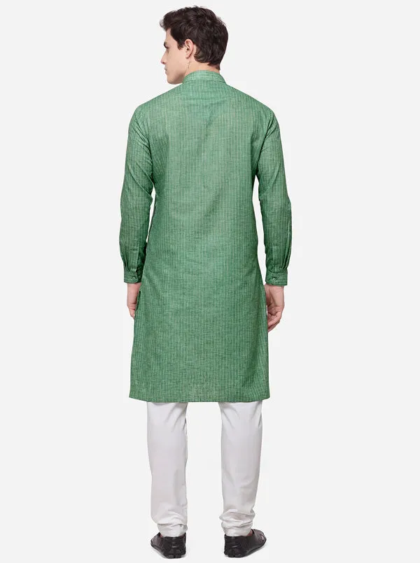 Bottle Green Self Textured Regular Fit Modi Kurta | JadeBlue