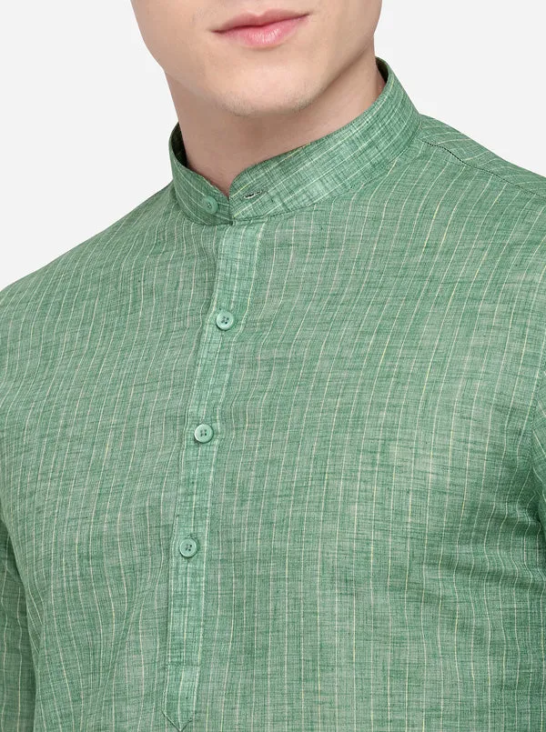 Bottle Green Self Textured Regular Fit Modi Kurta | JadeBlue