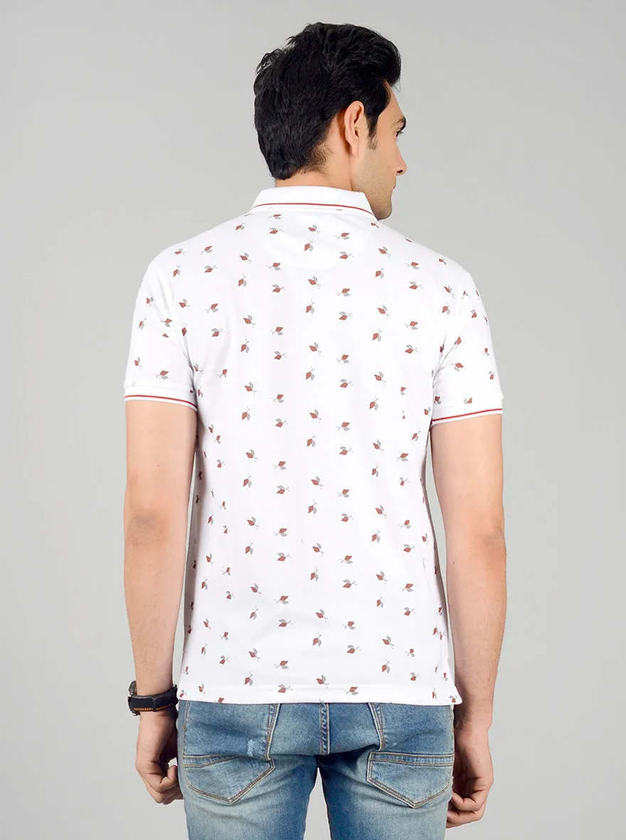 Bright White Printed Slim Fit Polo T-shirt | Greenfibre