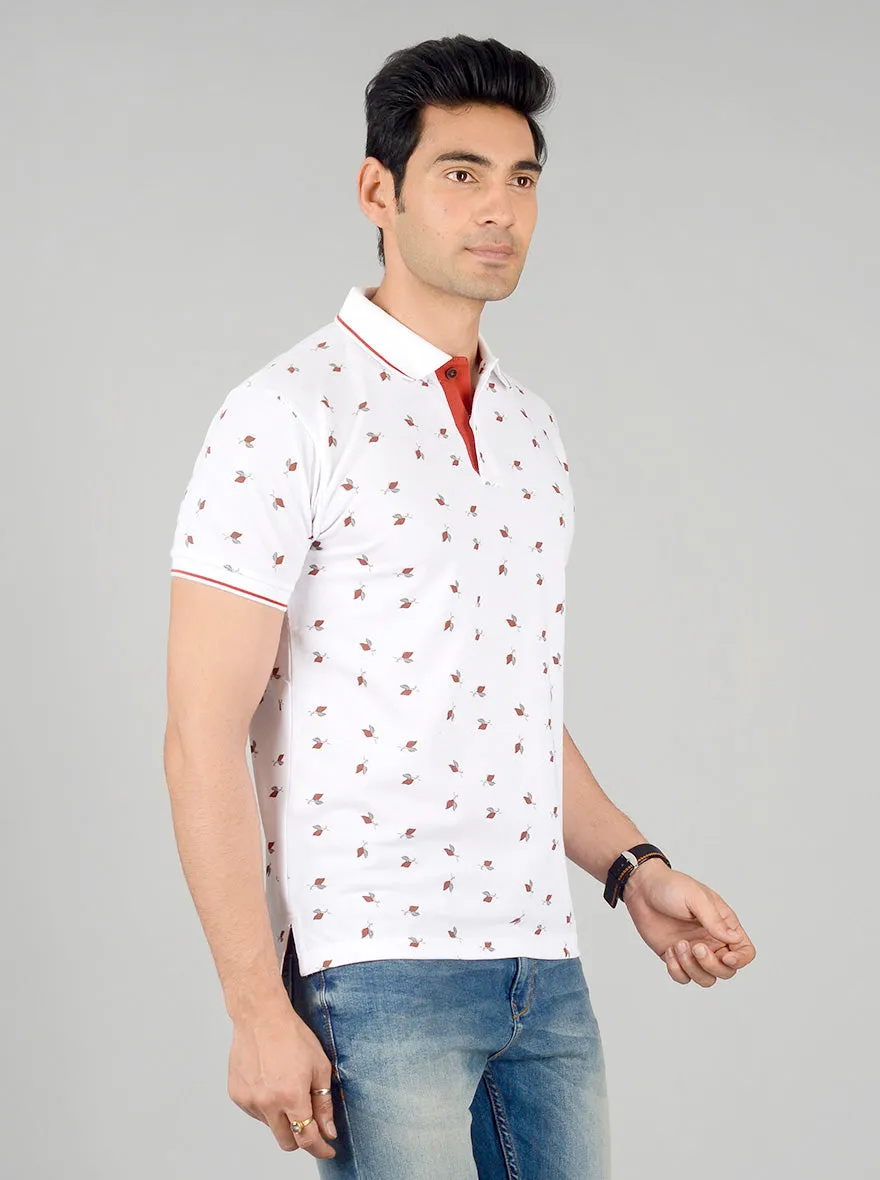 Bright White Printed Slim Fit Polo T-shirt | Greenfibre