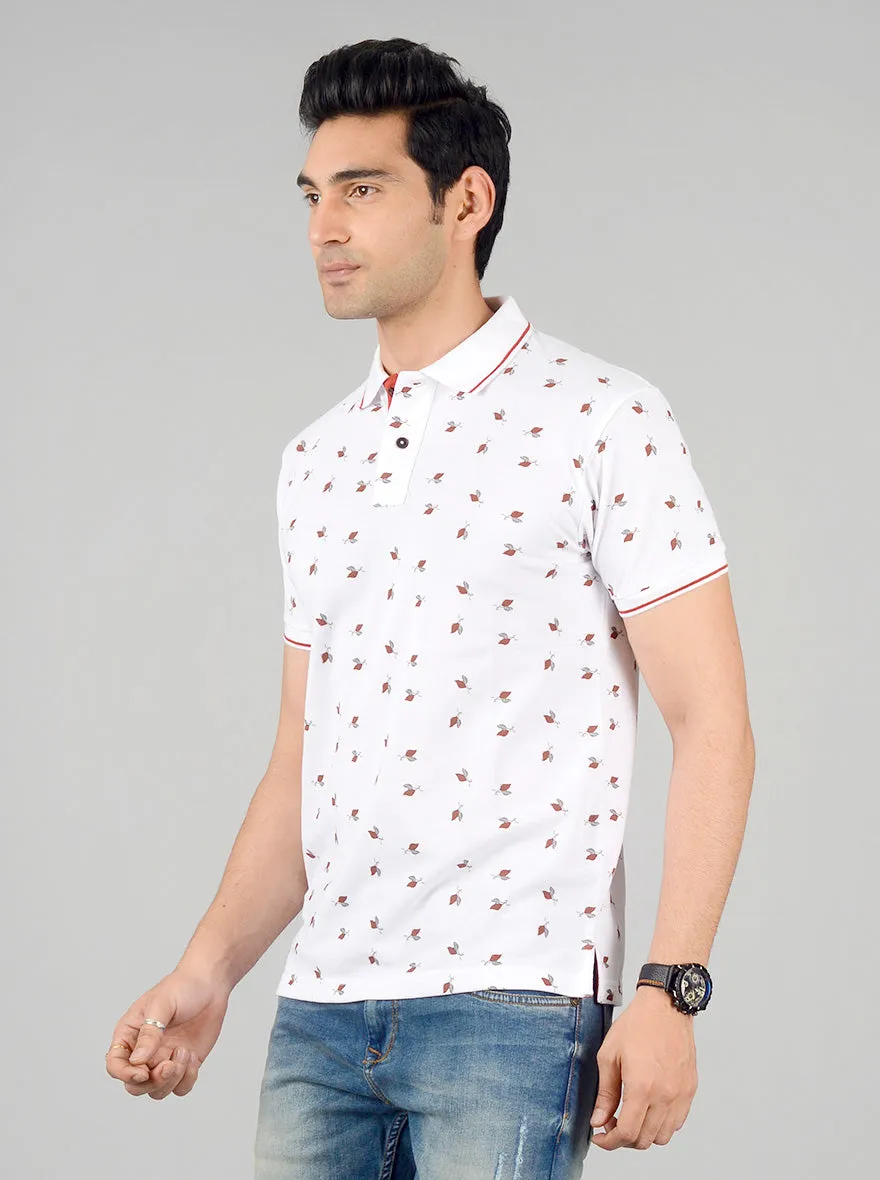 Bright White Printed Slim Fit Polo T-shirt | Greenfibre