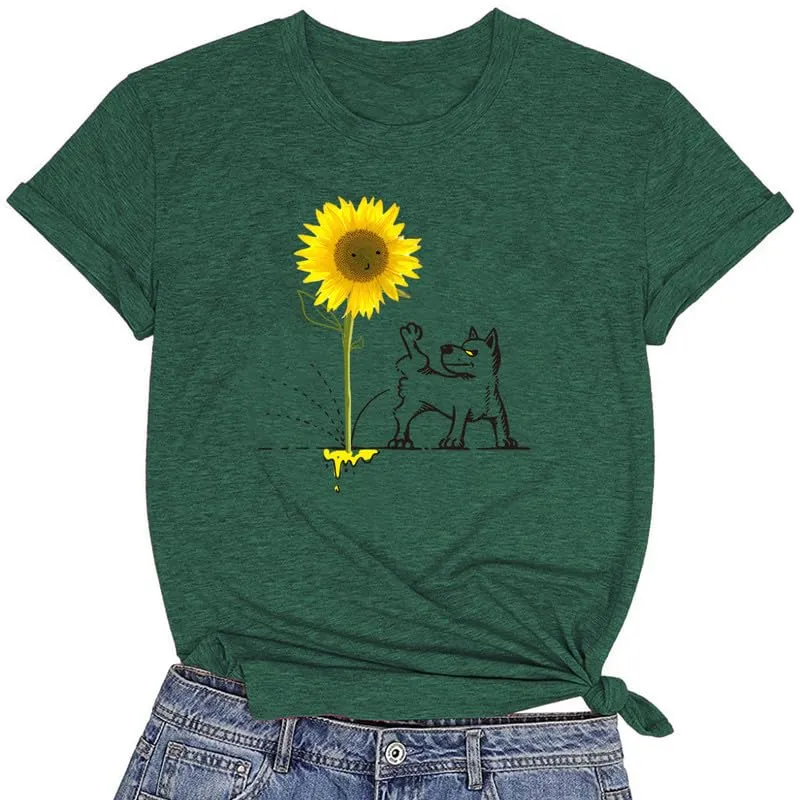 CORIRESHA Women's Dog Lovers Sunflower Print Summer Short Sleeve Round Neck Basic T-Shirt