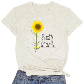 CORIRESHA Women's Dog Lovers Sunflower Print Summer Short Sleeve Round Neck Basic T-Shirt