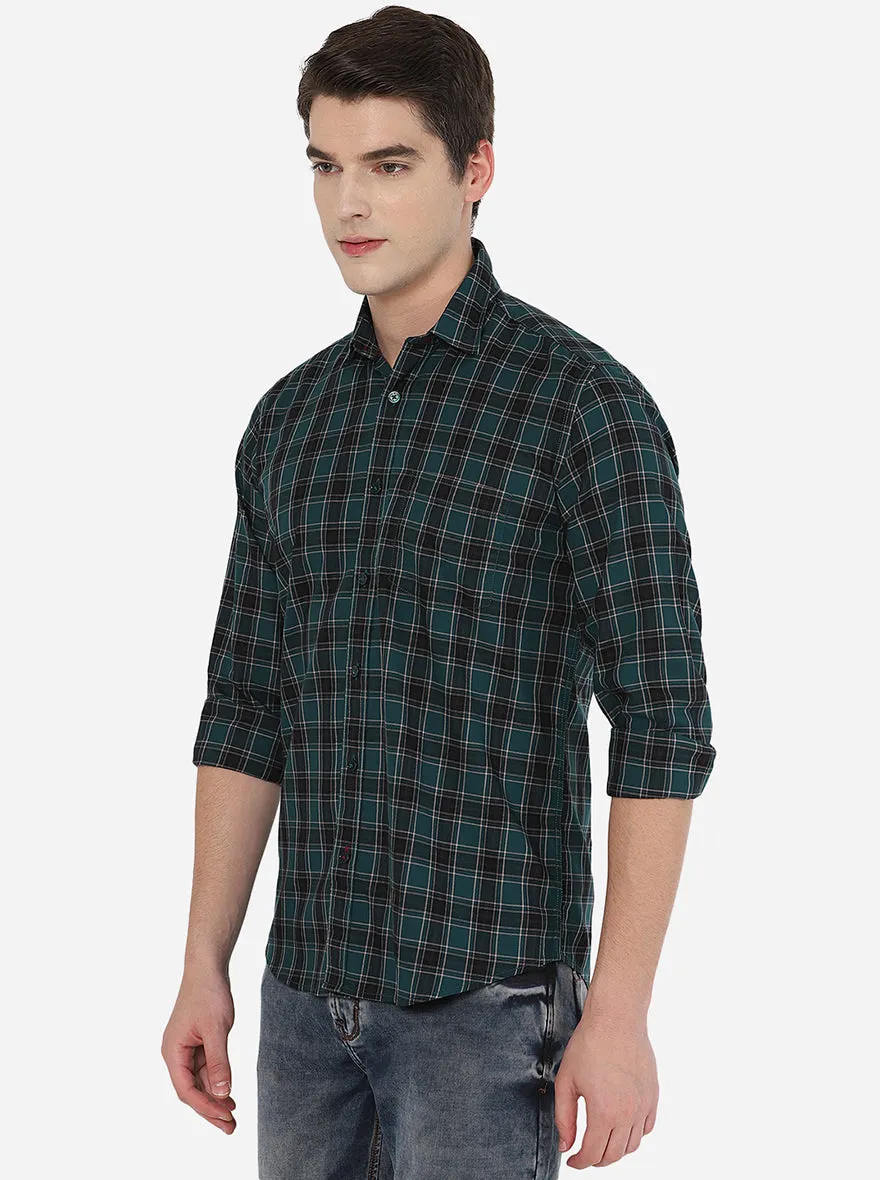 Dark Green & Black Checked Slim Fit Casual Shirt | JadeBlue