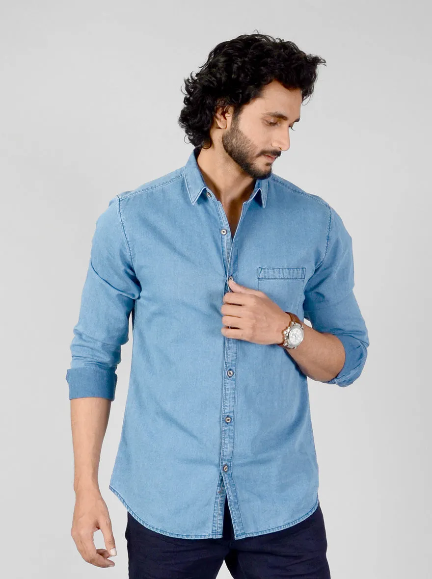 Faded Denim Blue Solid Slim Fit Casual Shirt | JadeBlue