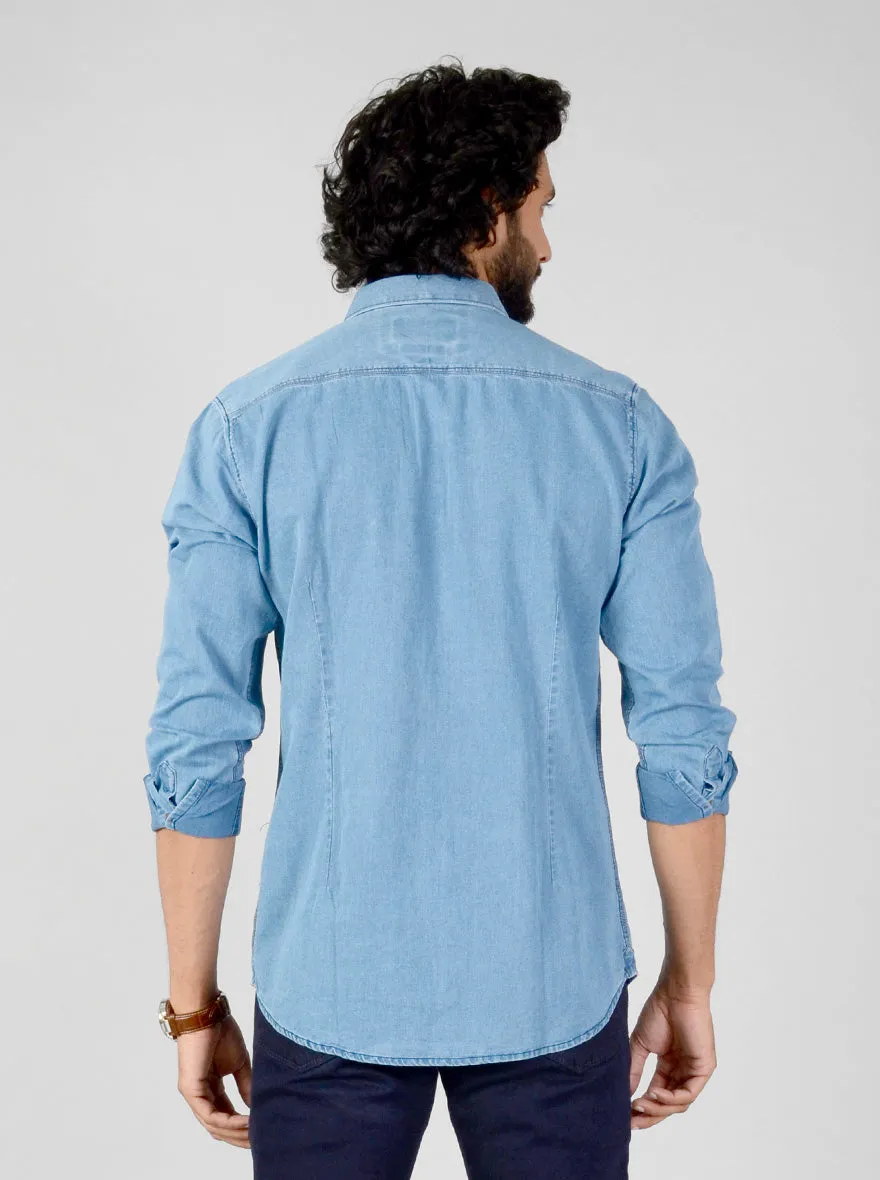 Faded Denim Blue Solid Slim Fit Casual Shirt | JadeBlue