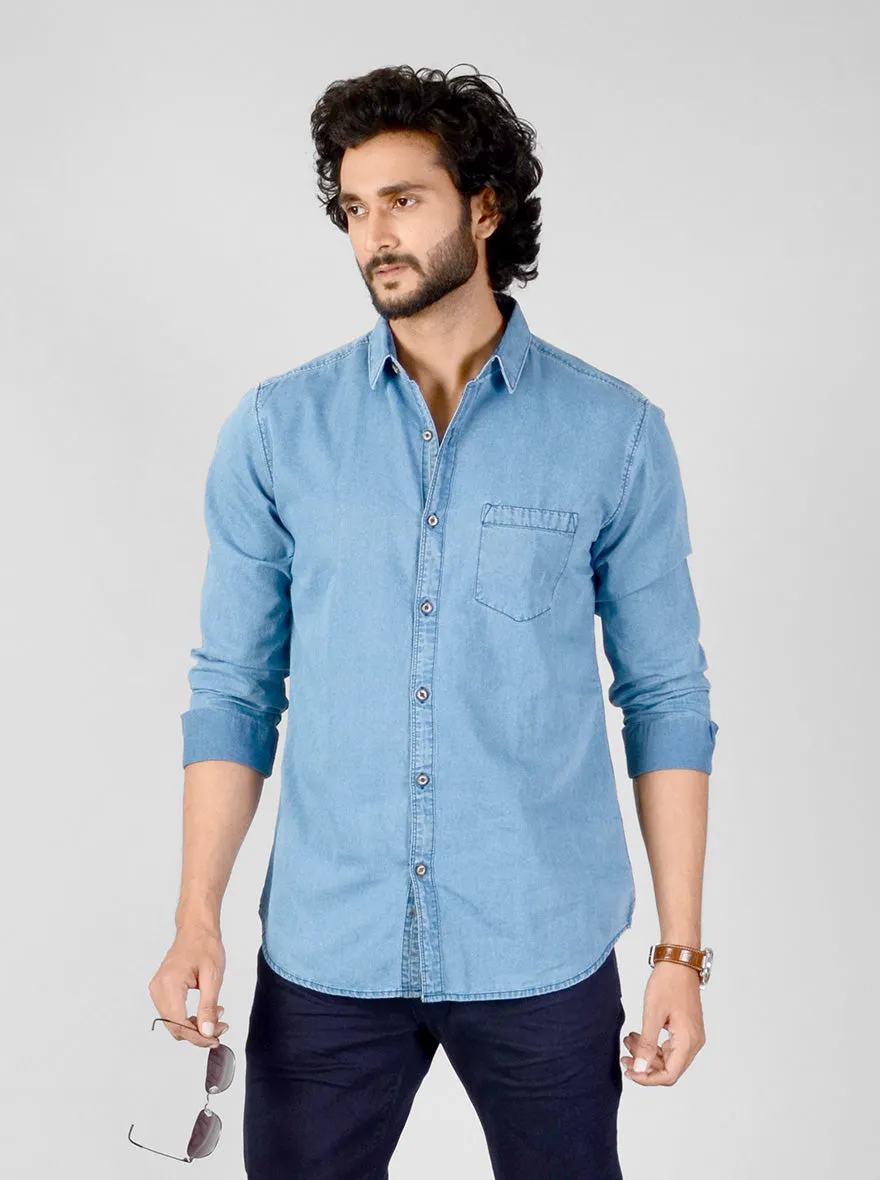 Faded Denim Blue Solid Slim Fit Casual Shirt | JadeBlue