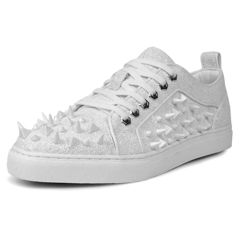 Fiesso White Spiked Crystal Low Top Sneakers