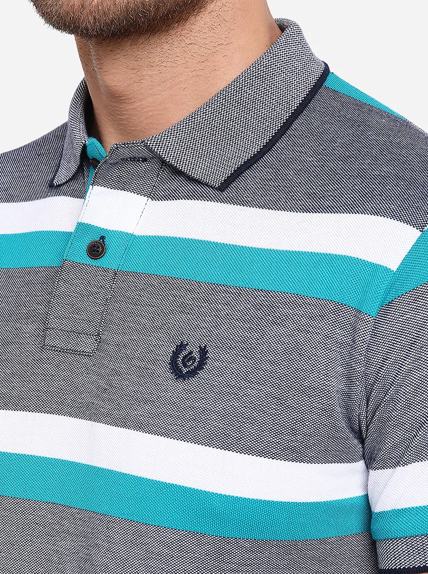 Grey & Mint Striped Slim Fit Polo T-Shirt | Greenfibre