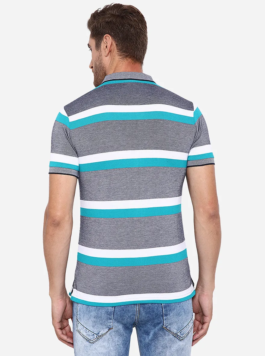 Grey & Mint Striped Slim Fit Polo T-Shirt | Greenfibre