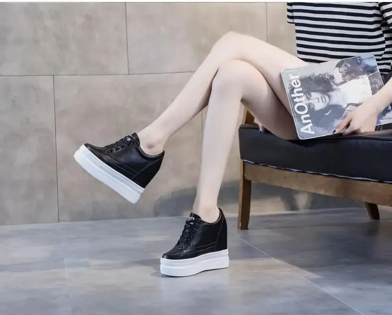 Joskaa 2024 New Genuine Leather Black Platform Sneakers