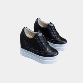 Joskaa 2024 New Genuine Leather Black Platform Sneakers