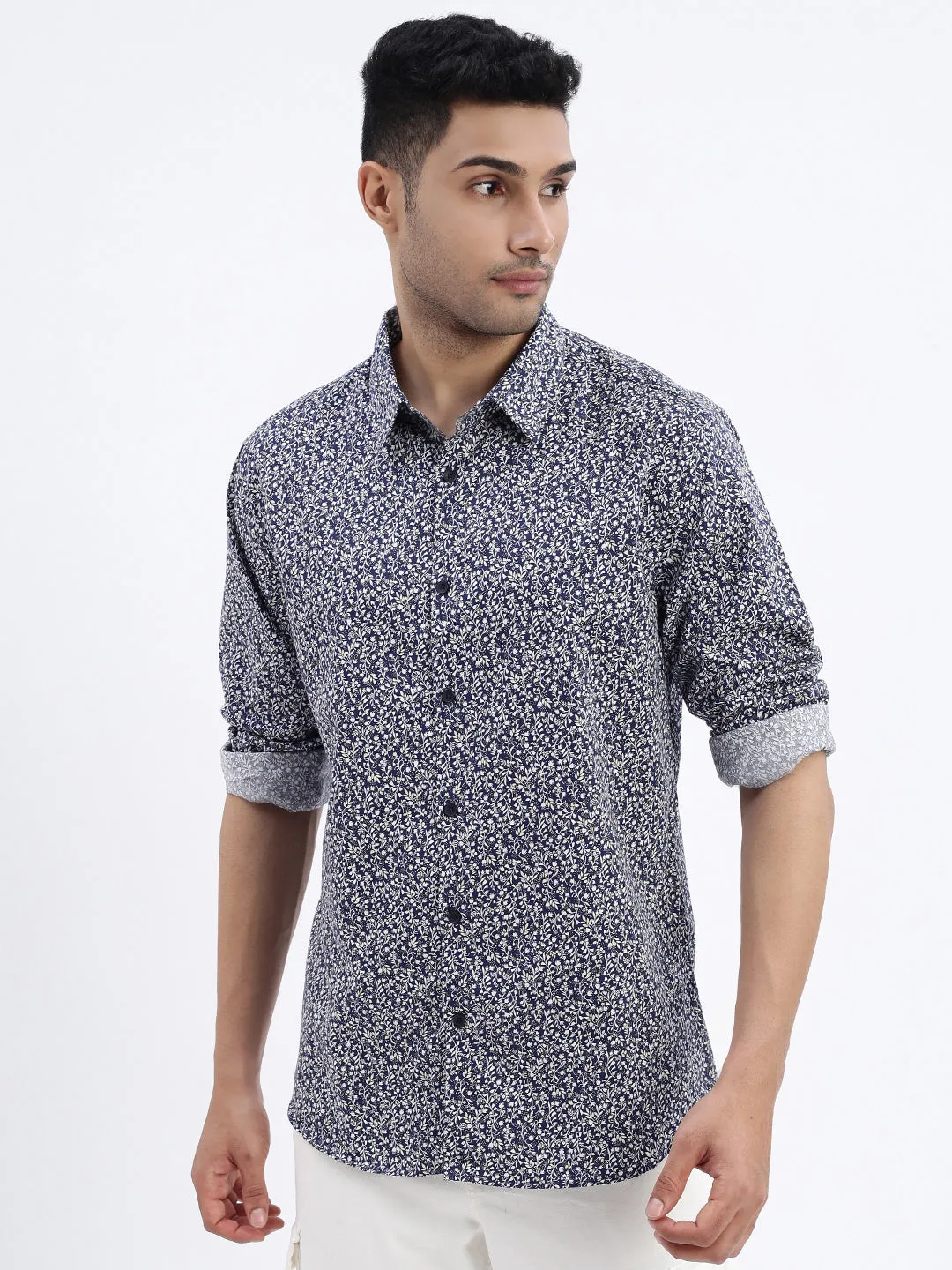 Men Navy Blue Micro Print Slim Fit Shirt