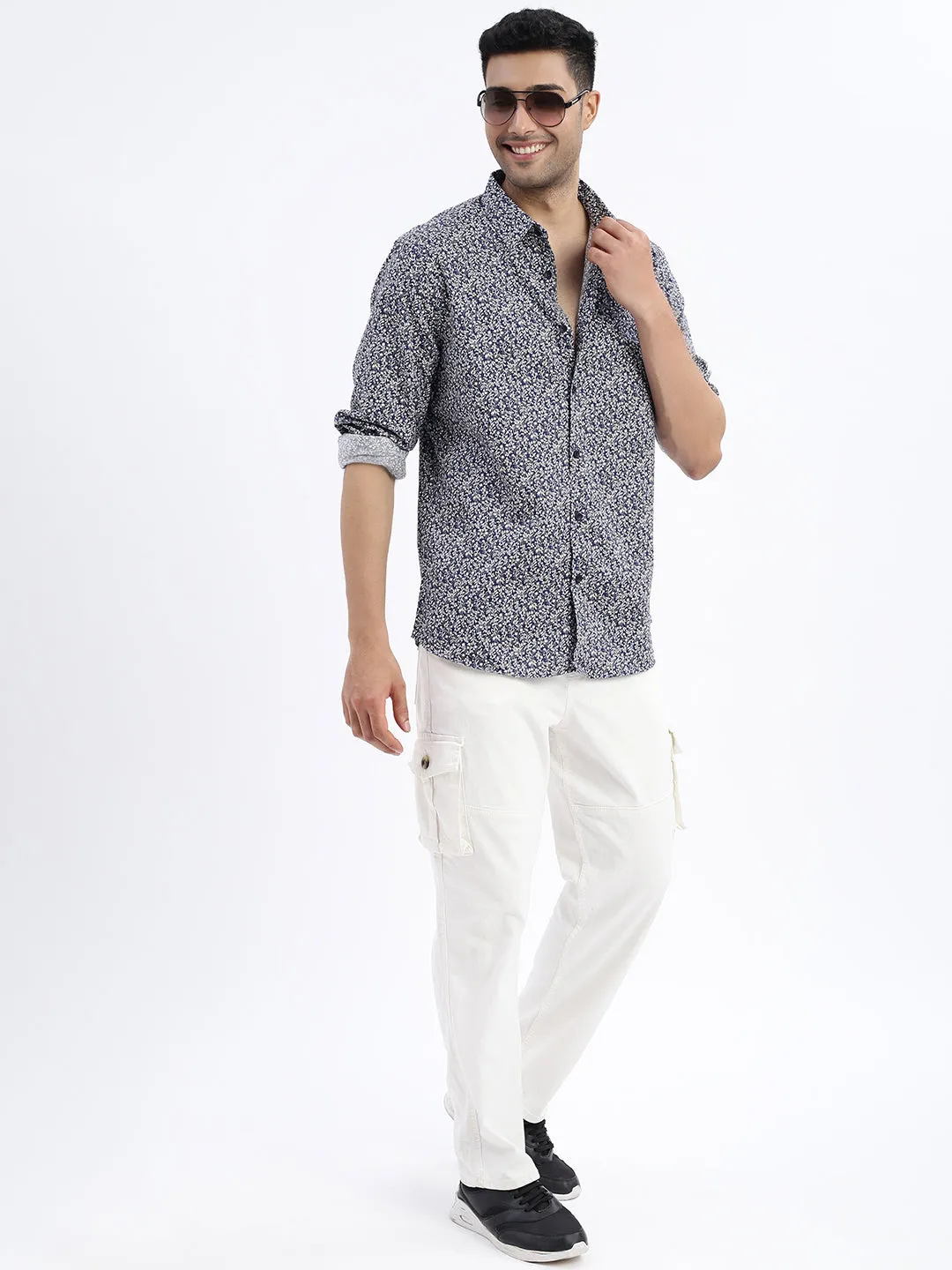 Men Navy Blue Micro Print Slim Fit Shirt