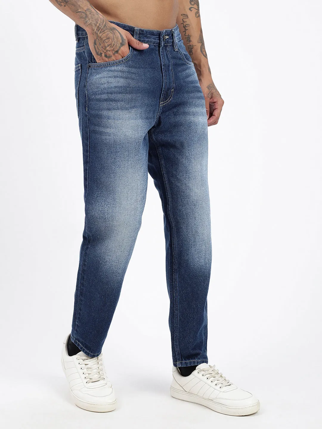 Men Navy Blue Slim Fit Cropped Jeans