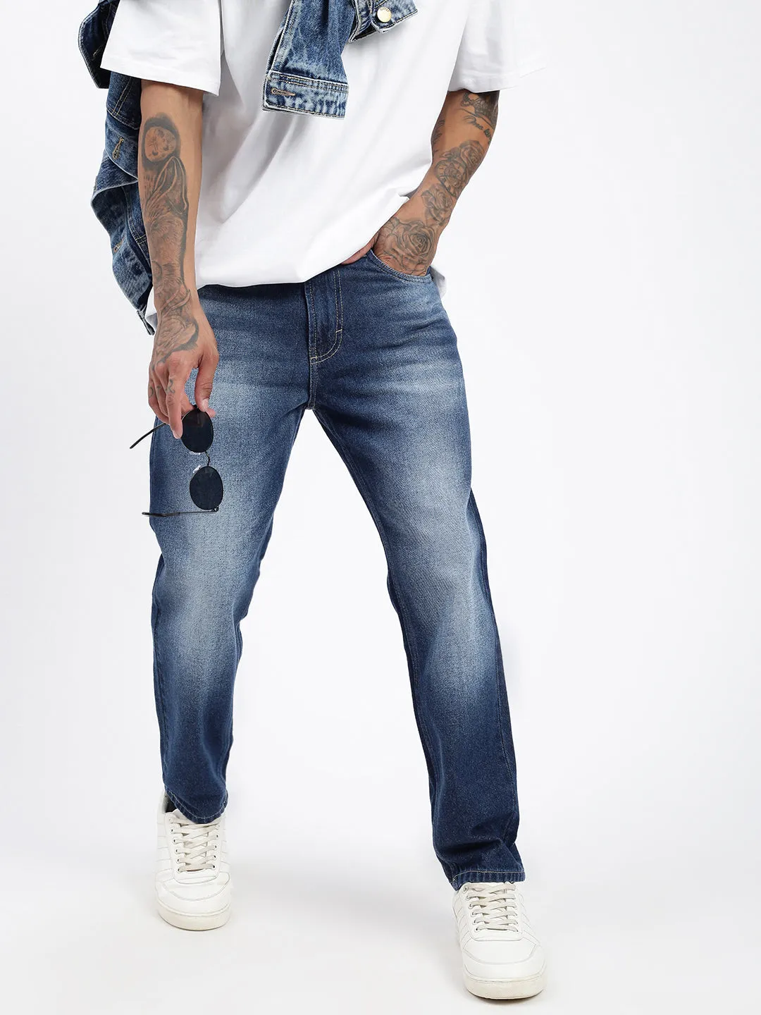 Men Navy Blue Slim Fit Cropped Jeans