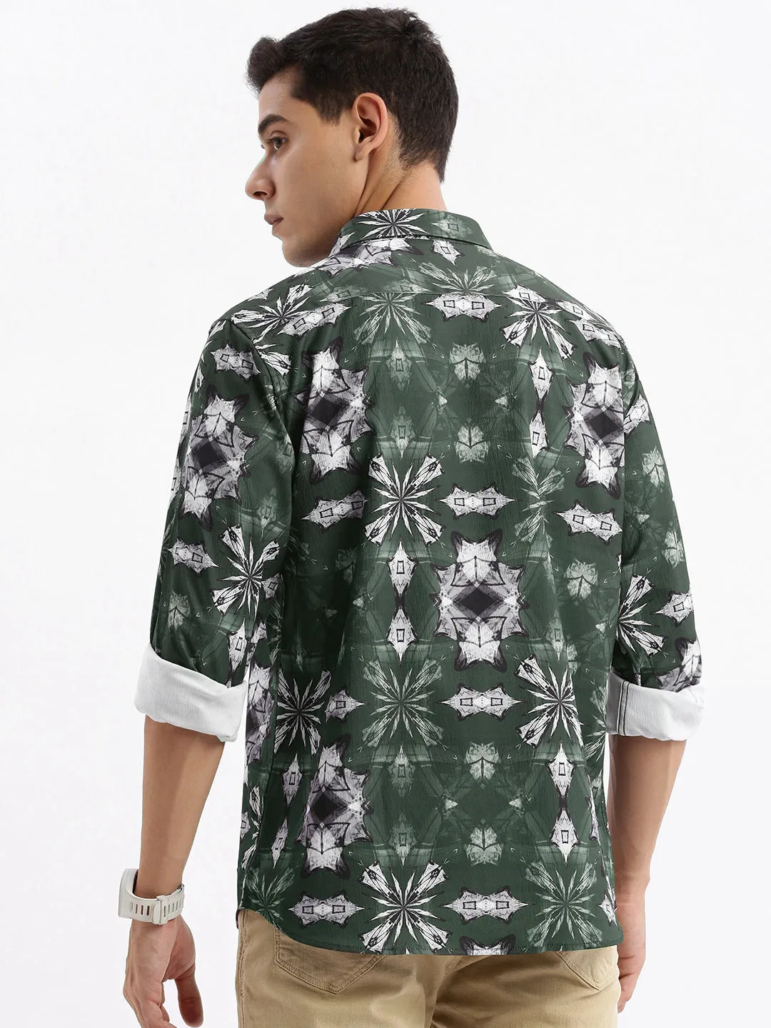 Men Spread Collar Abstract Slim Fit Green Shirt