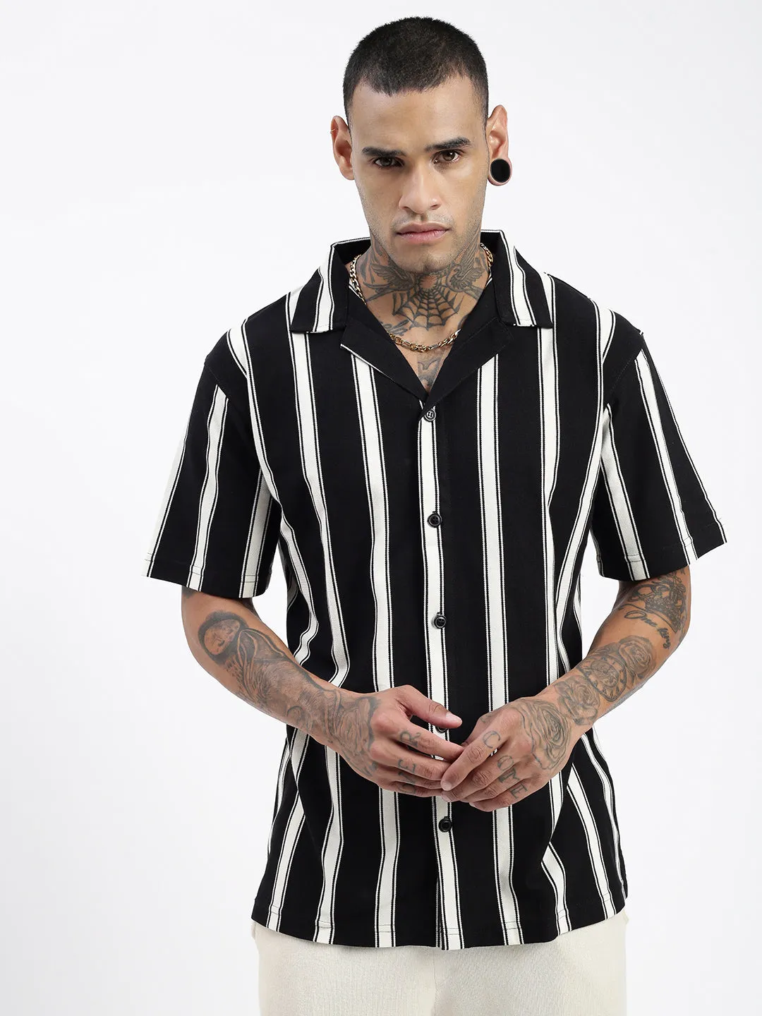 Men Striped Black Relaxed Fit Shirt