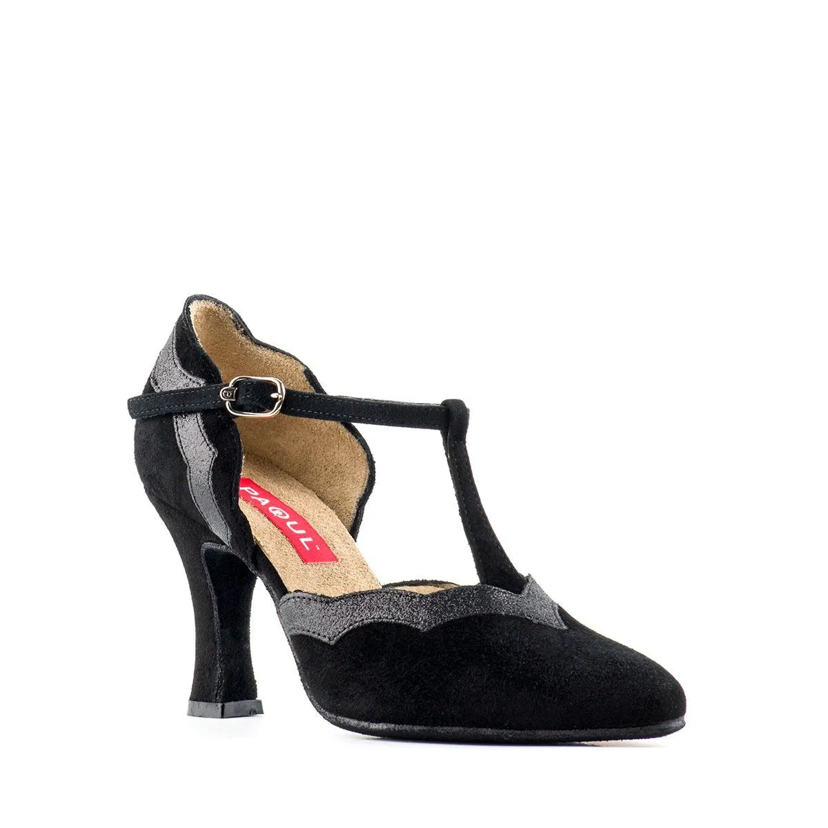 Paoul Cunita Ladies Black Suede Argentine Tango Dance Shoe with Glitter Contrast and T-Bar