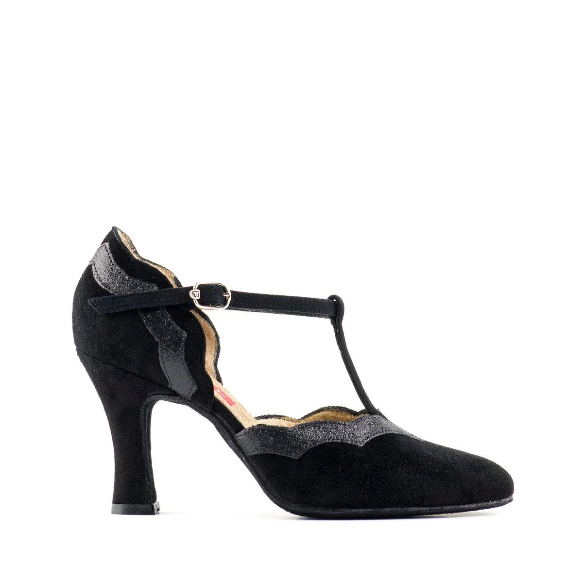 Paoul Cunita Ladies Black Suede Argentine Tango Dance Shoe with Glitter Contrast and T-Bar