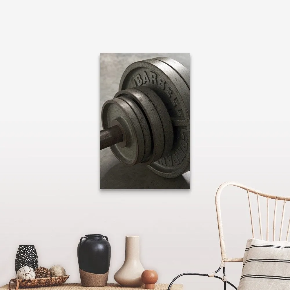 "Barbell, close-up of weights, elevated view" Canvas Wall Art