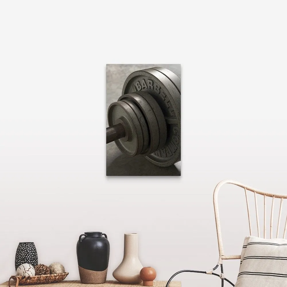 "Barbell, close-up of weights, elevated view" Canvas Wall Art