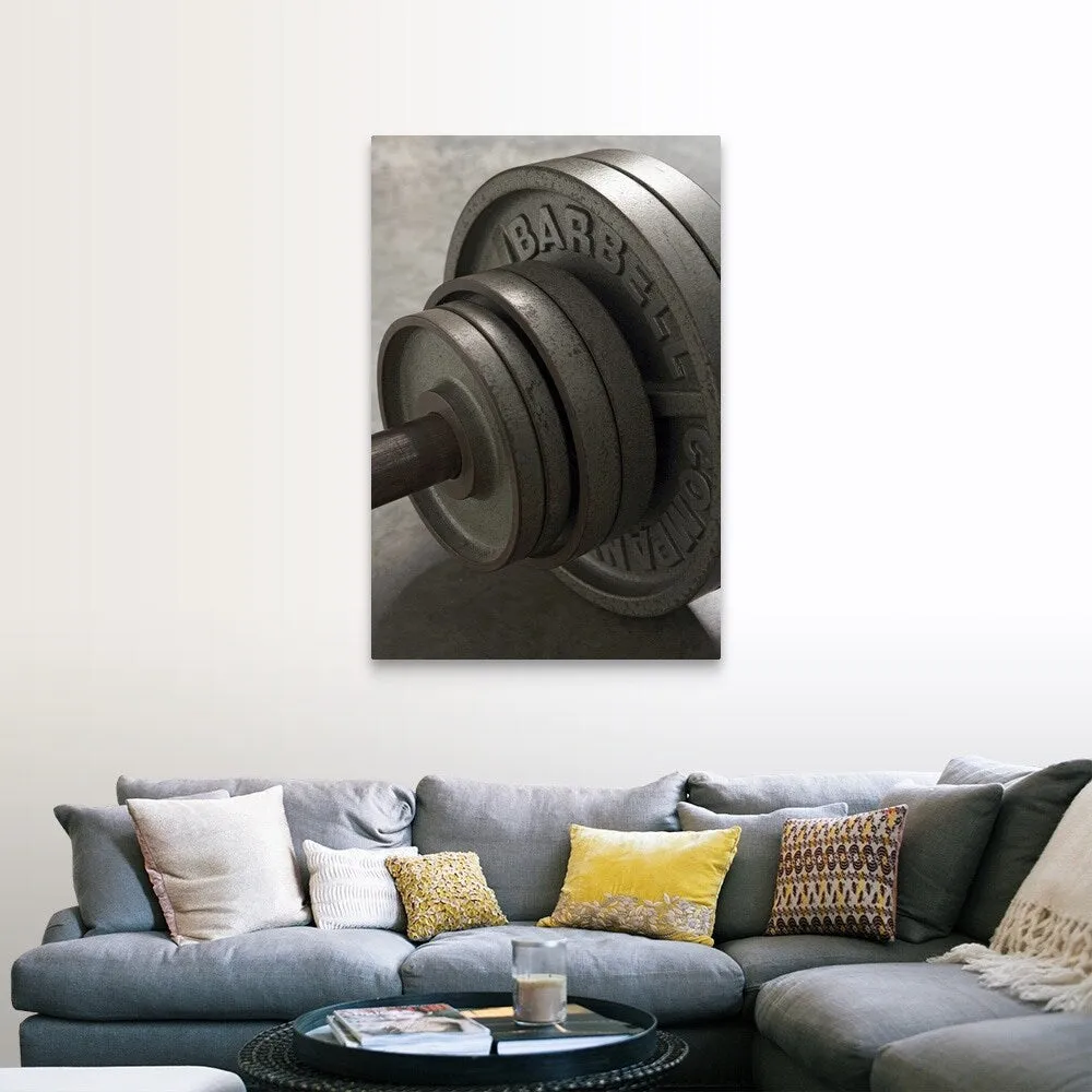 "Barbell, close-up of weights, elevated view" Canvas Wall Art