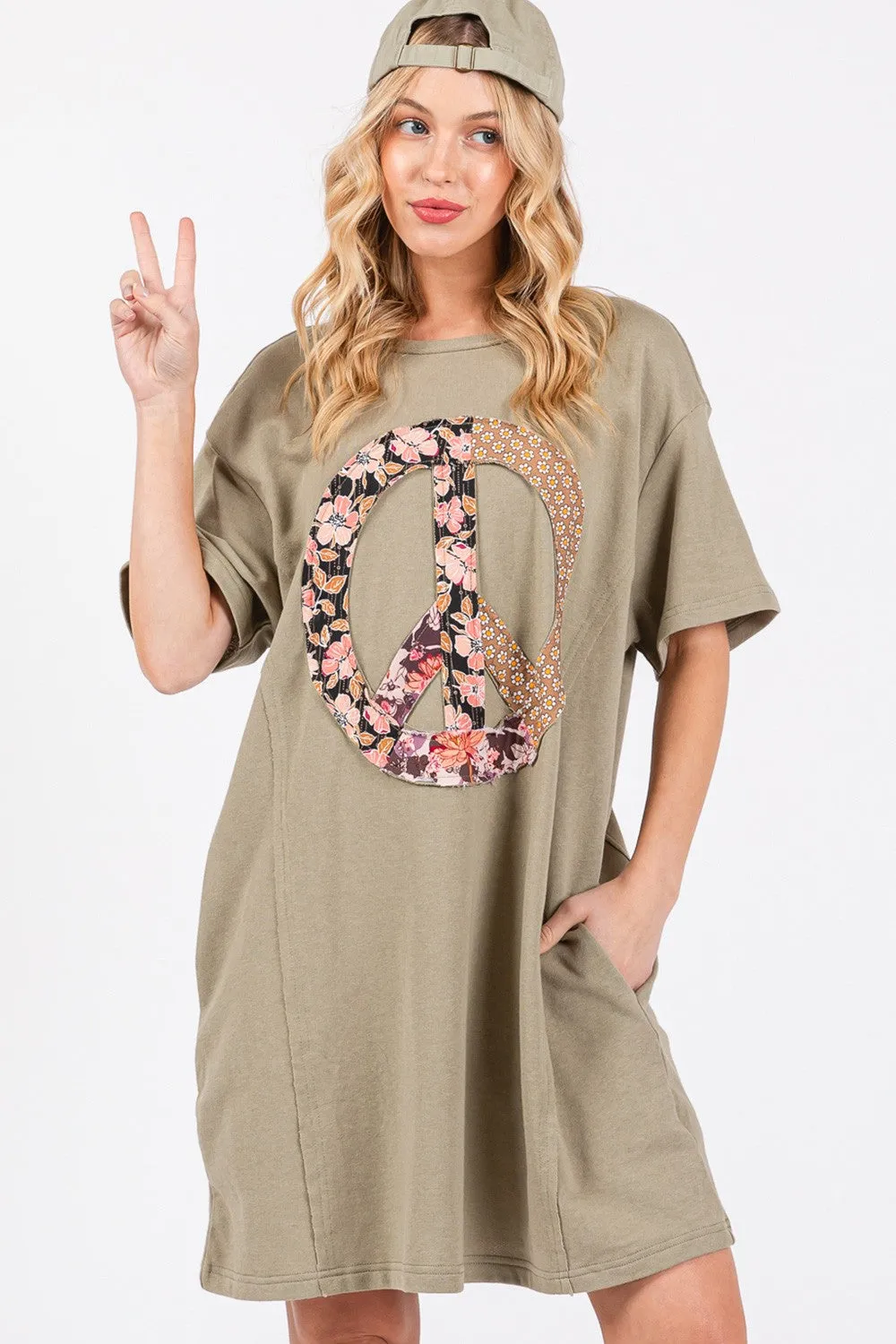 SAGE   FIG Full Size Peace Sign Applique Short Sleeve Tee Dress