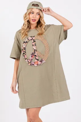 SAGE   FIG Full Size Peace Sign Applique Short Sleeve Tee Dress