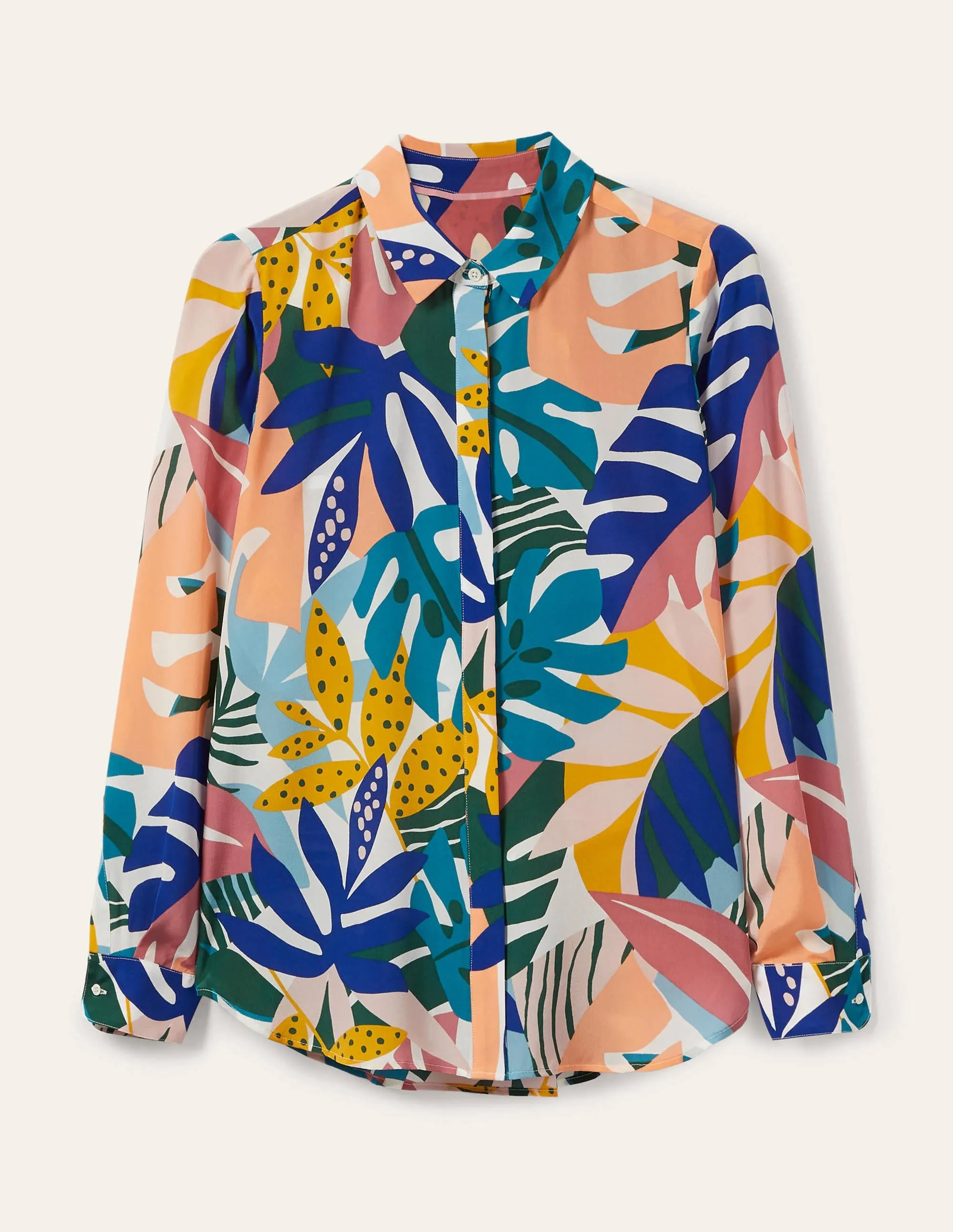 Silk Shirt-Ivory, Leafy Tropics