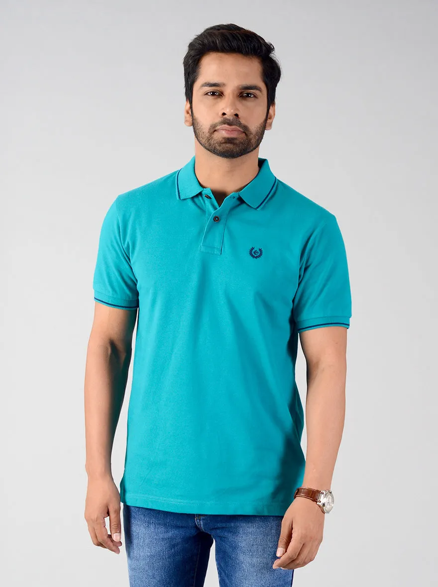 Tile Blue Solid Slim Fit Polo T-shirt | Greenfibre