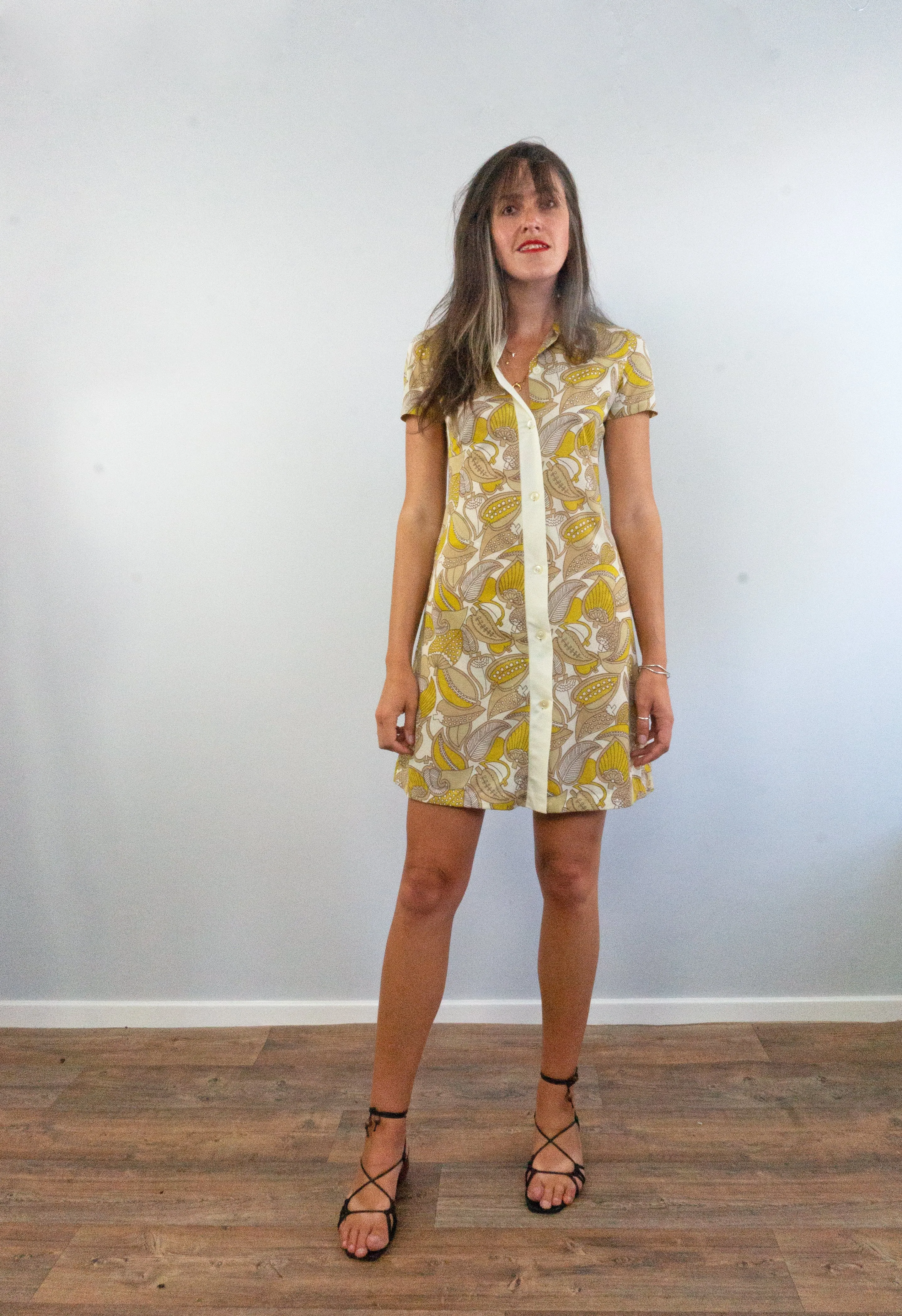 Vintage 60s Yellow Foliage Print Shirt Dress