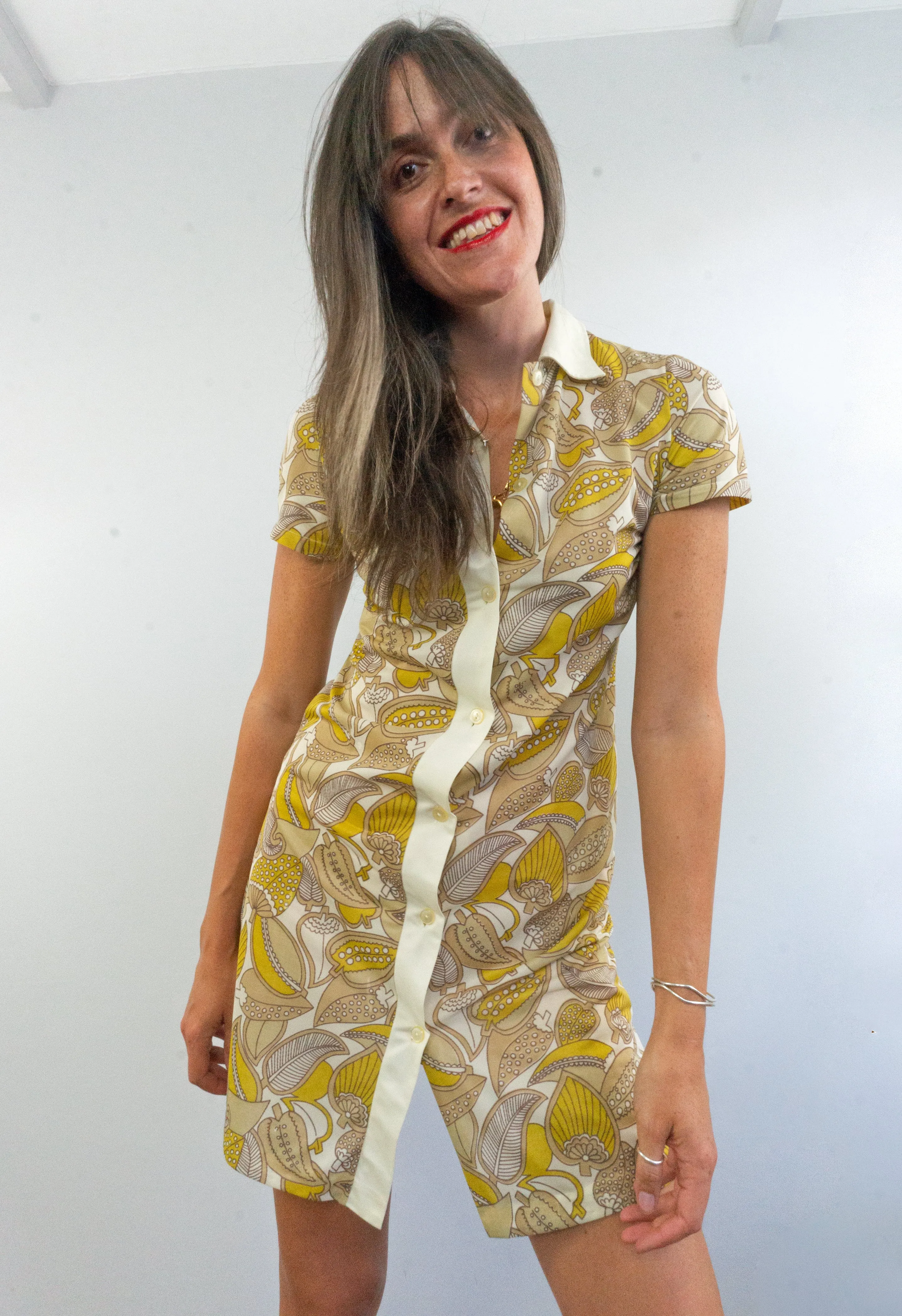 Vintage 60s Yellow Foliage Print Shirt Dress