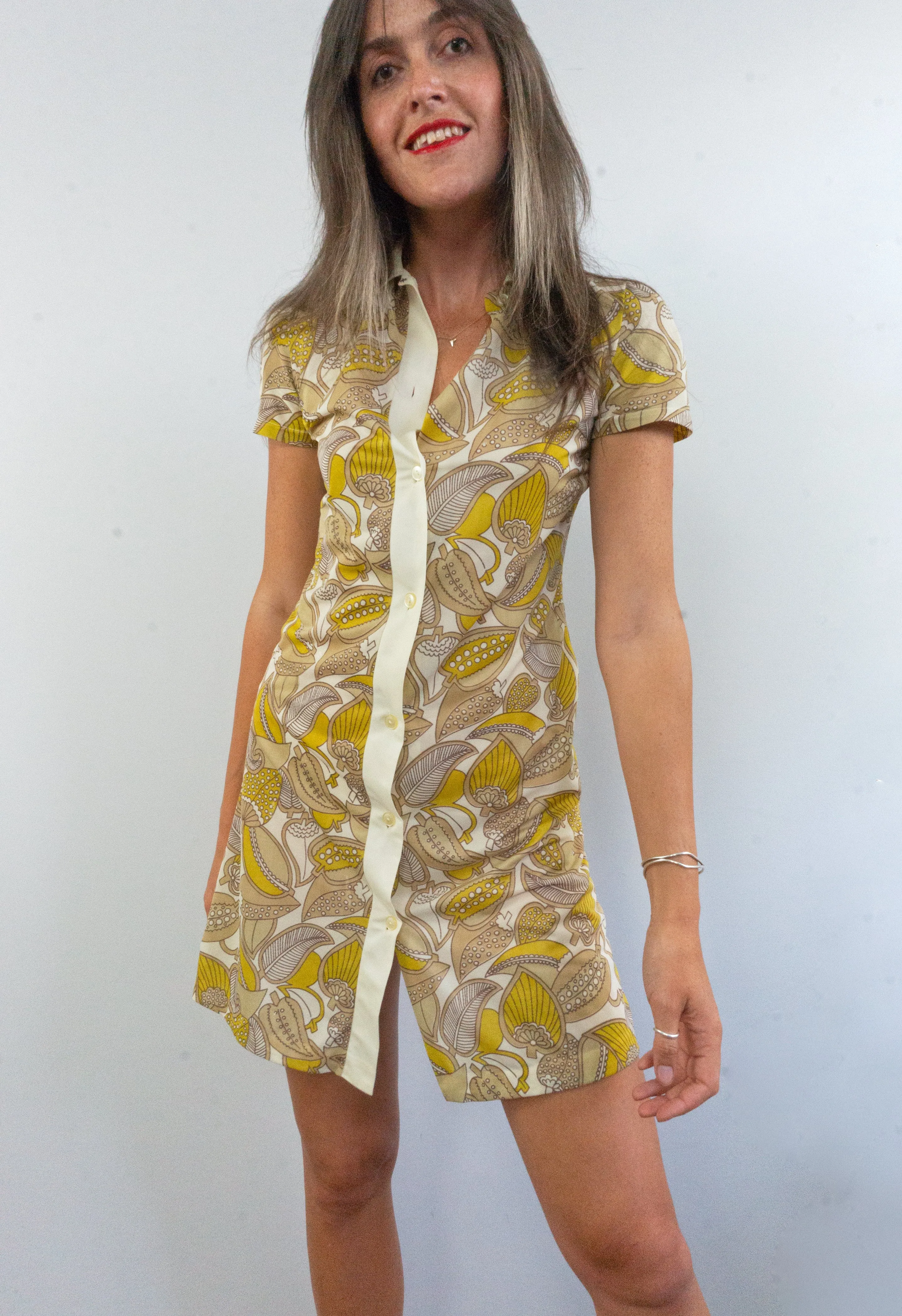 Vintage 60s Yellow Foliage Print Shirt Dress