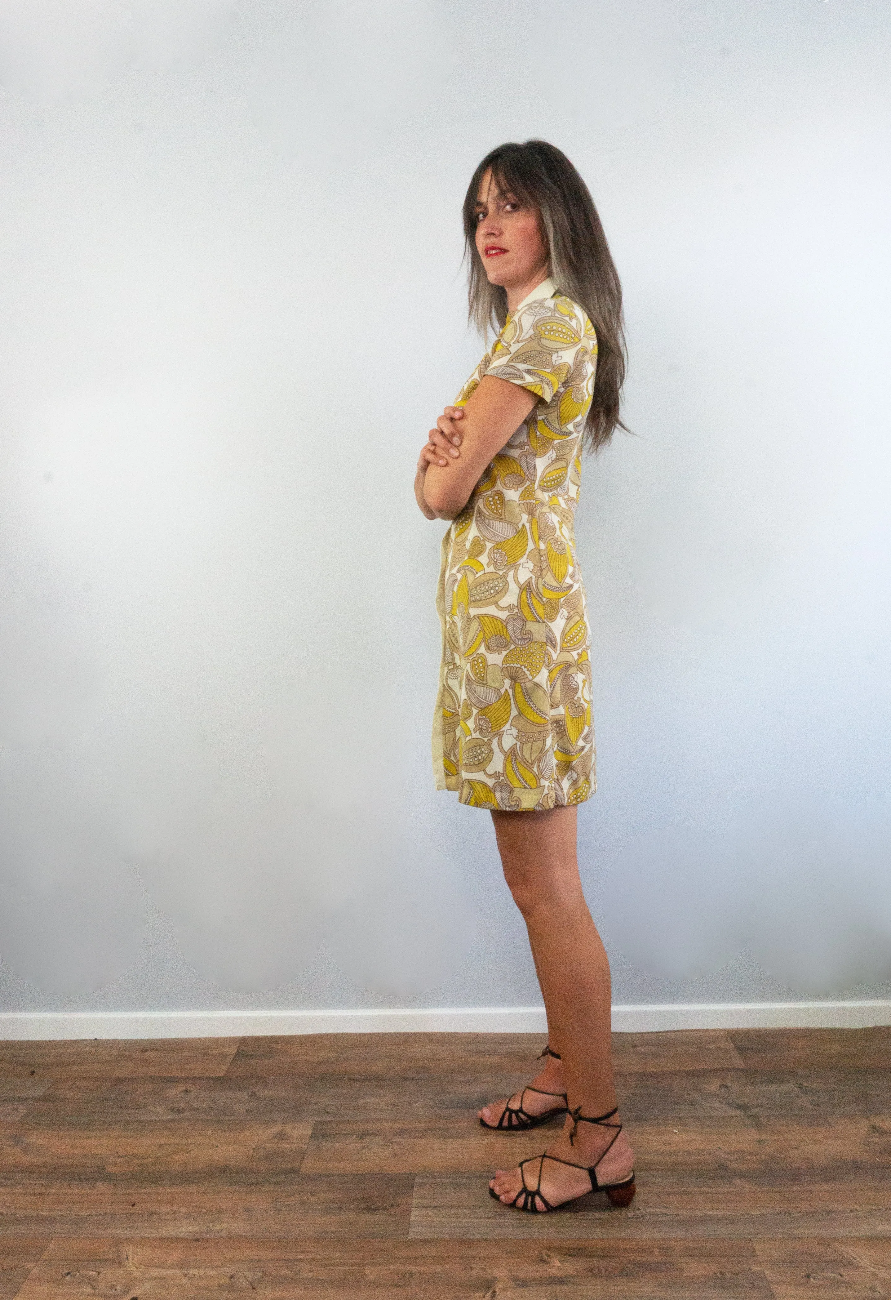 Vintage 60s Yellow Foliage Print Shirt Dress