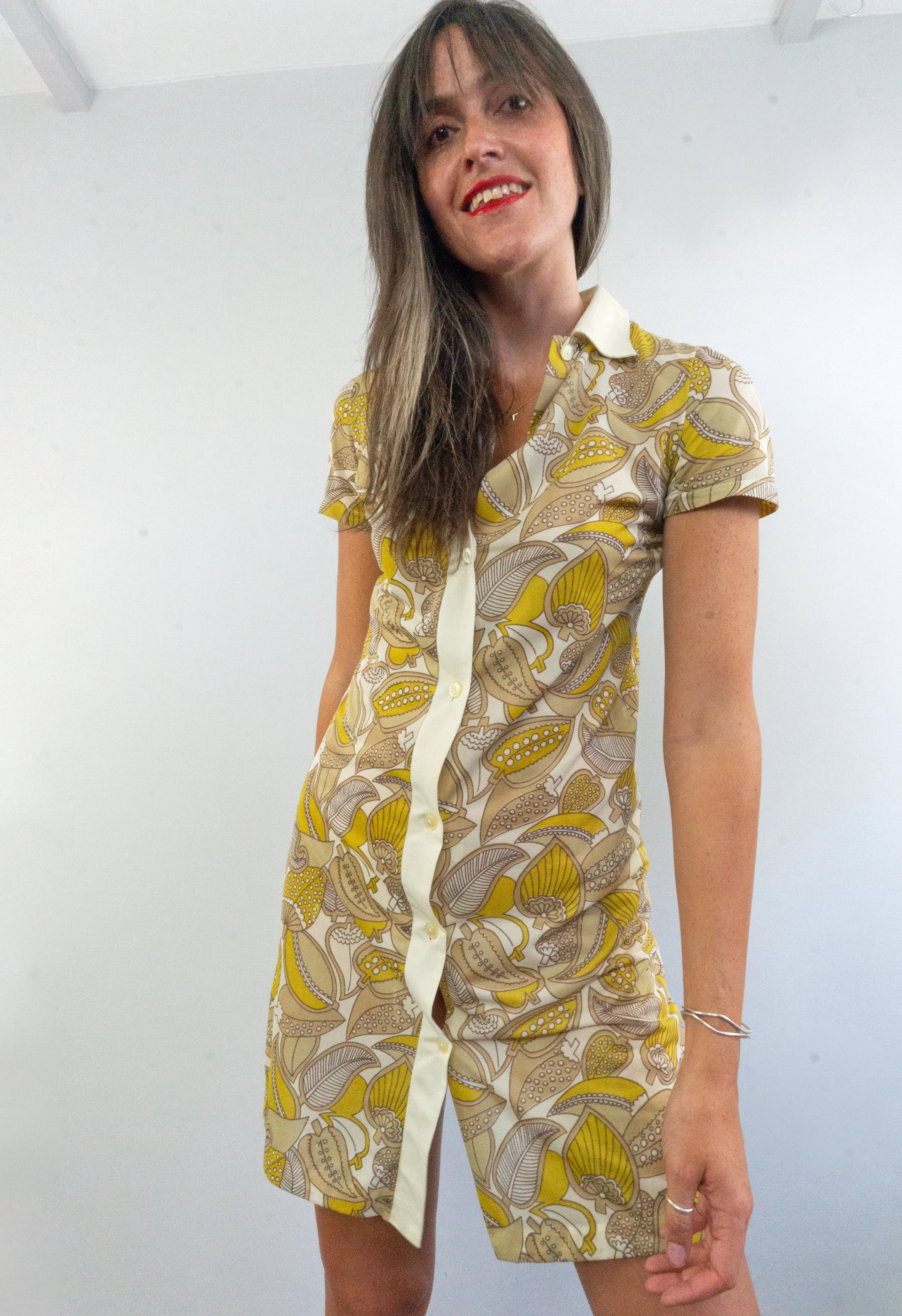 Vintage 60s Yellow Foliage Print Shirt Dress