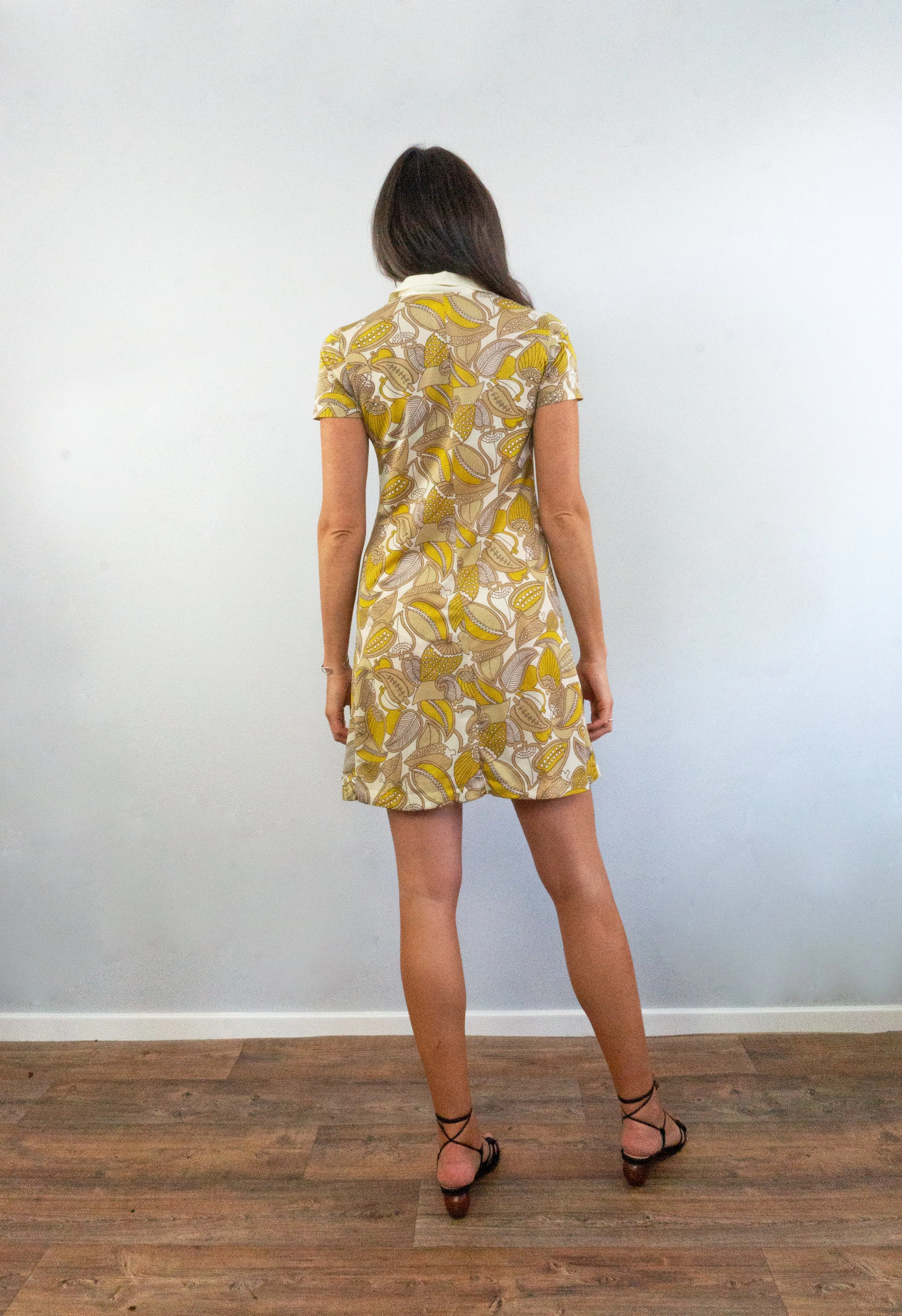 Vintage 60s Yellow Foliage Print Shirt Dress