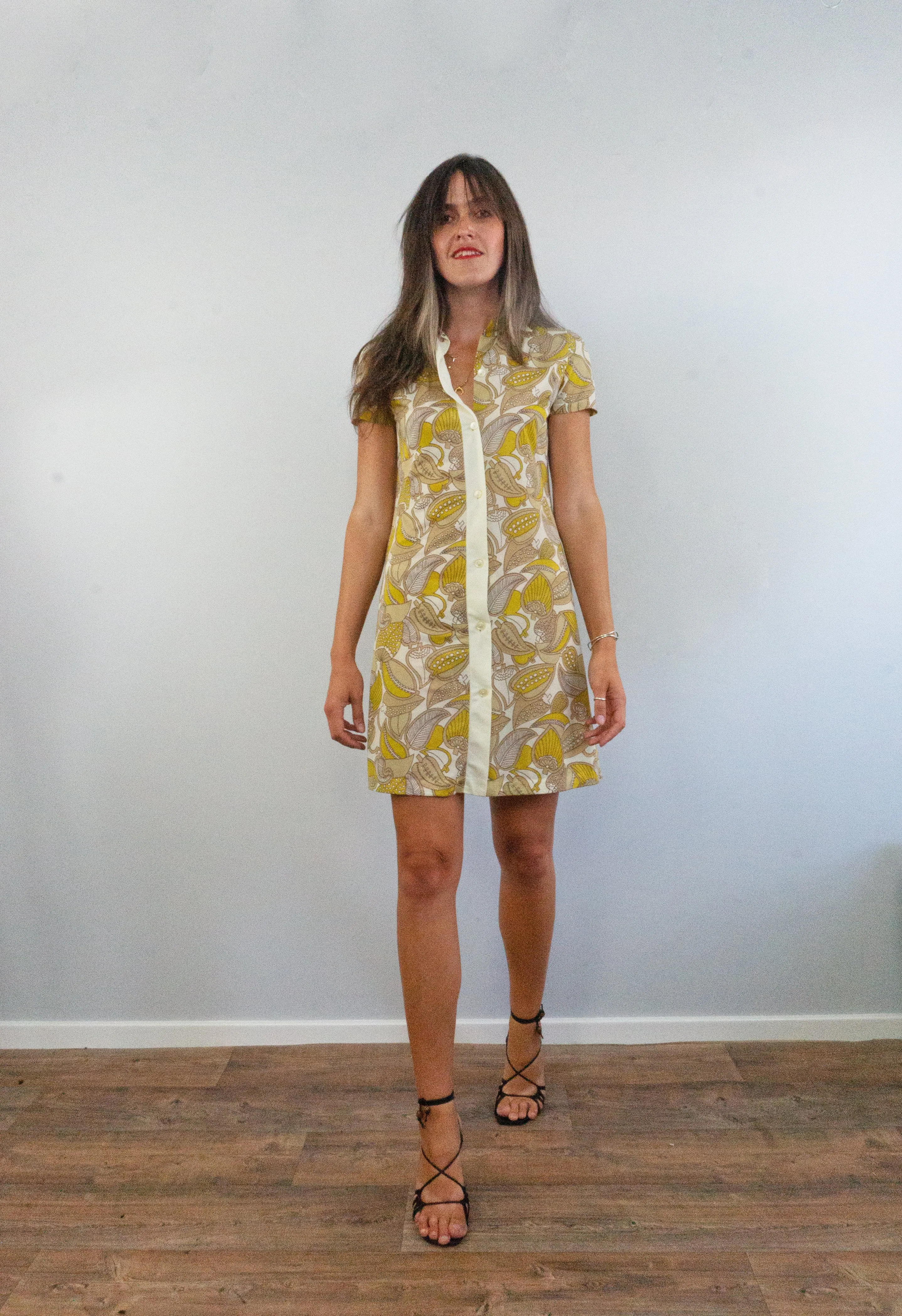 Vintage 60s Yellow Foliage Print Shirt Dress