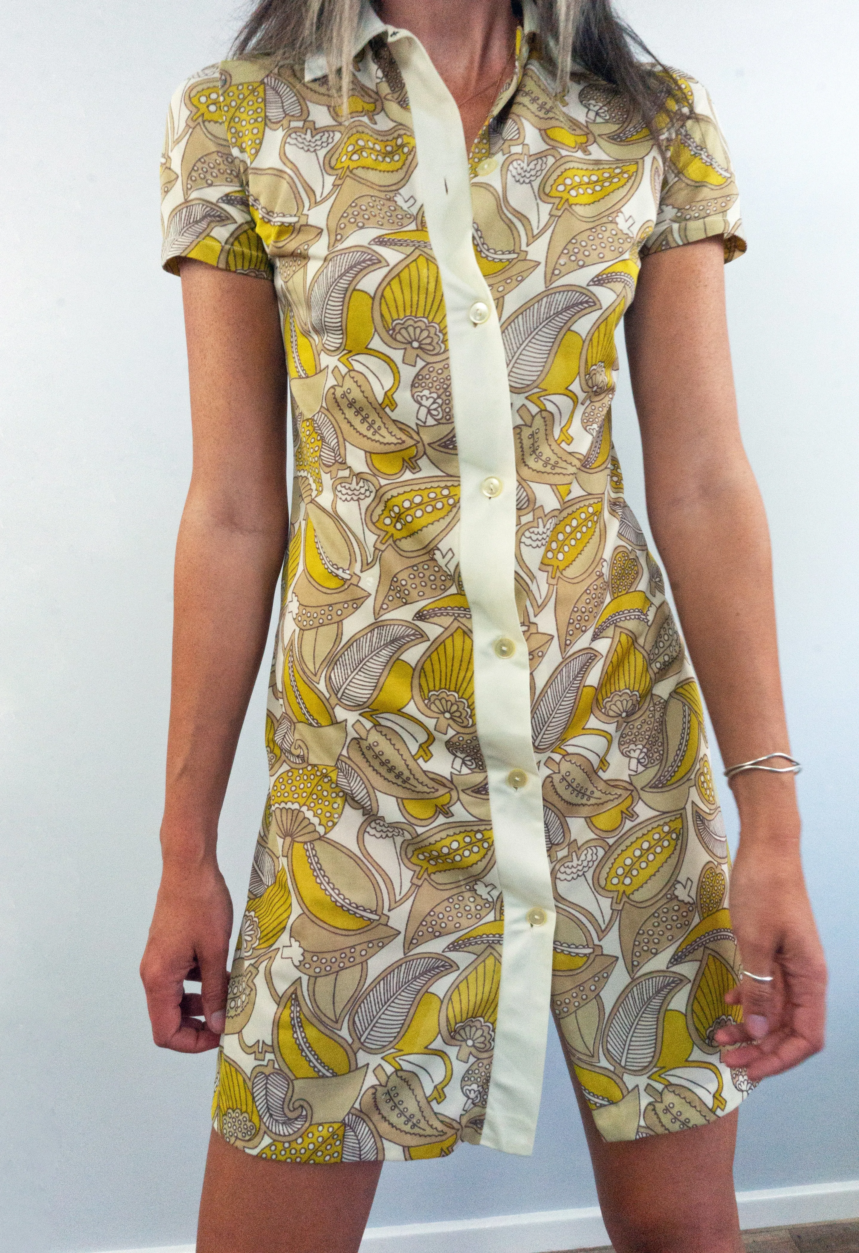 Vintage 60s Yellow Foliage Print Shirt Dress