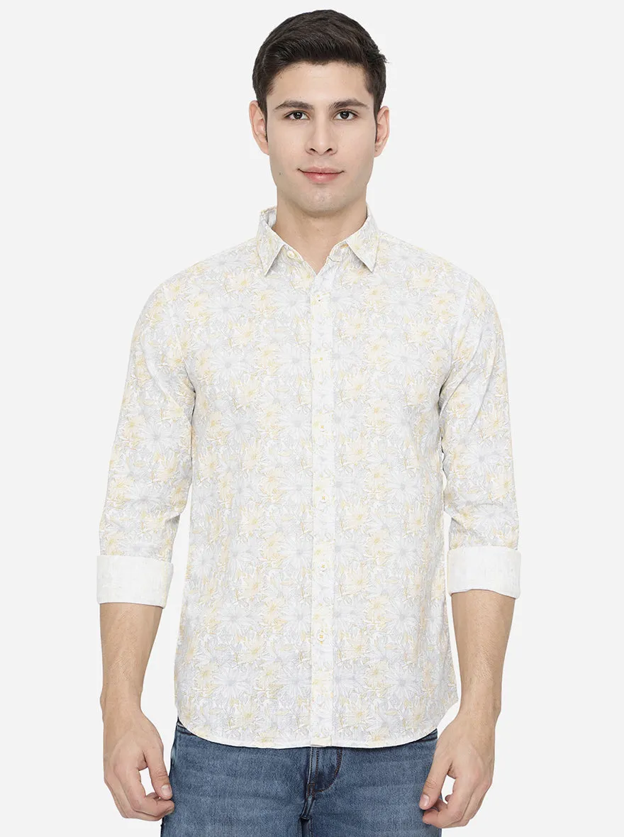 White & Yellow Printed Slim Fit Semi Casual Shirt | JadeBlue