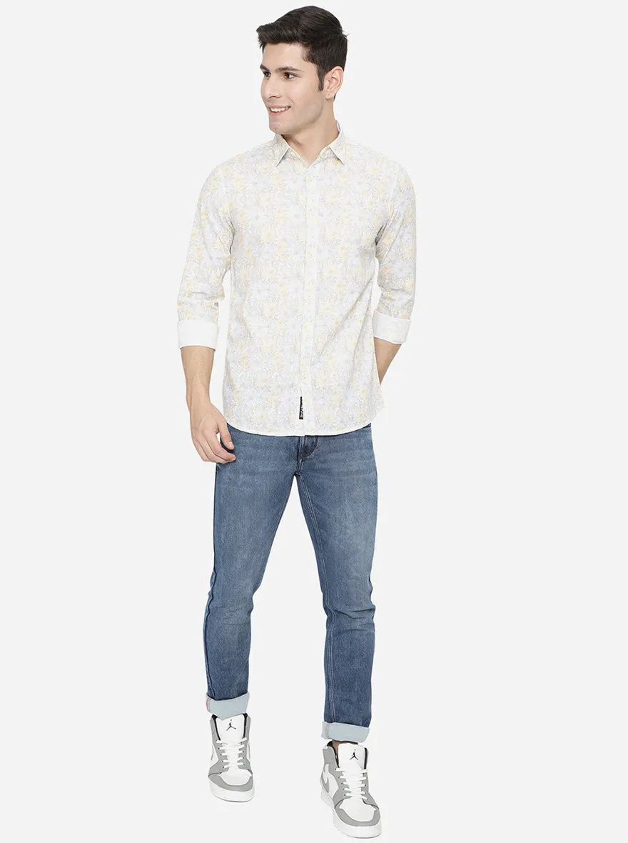 White & Yellow Printed Slim Fit Semi Casual Shirt | JadeBlue