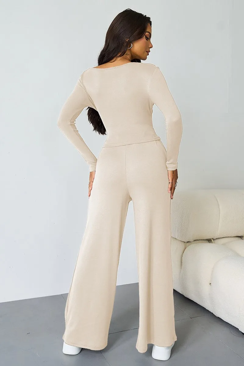 Women's Beige Elegant Asymmetrical Shirred Long Sleeve Top & Baggy Wide Leg Trousers Co-ord